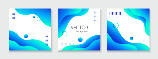 Set of abstract liquid fluid blue backgrounds for social media posts. Vector trendy square templates with copy space