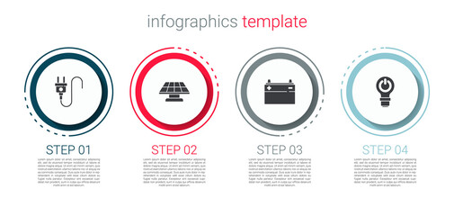 Set Electric plug, Solar energy panel, Car battery and Light bulb with lightning. Business infographic template. Vector