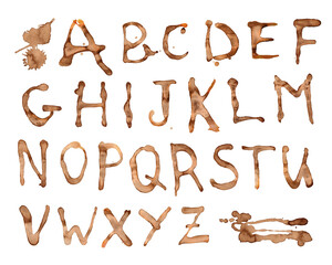 Coffee type spots. Tea alphabet stamp. Dirty splash stain with cup symbol.