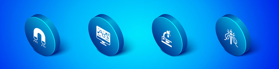 Set Isometric Magnet, Microscope, Experimental insect and Genetic engineering modification icon. Vector