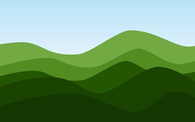 Illustration of green hills view with blue gradient sky. Green landscape abstract wallpaper. Dark and bright Green colours.