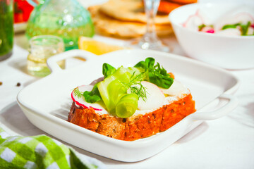Bread toast with greens and vegetables. Healthy food concept.