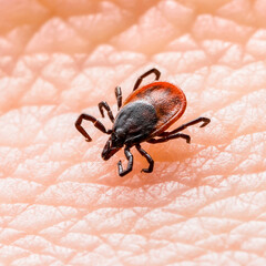 Infectious Encephalitis Ixodes Scapularis or Persulcatus Deer Tick Insect on Skin. Encephalitis Virus or Lyme Borreliosis Disease Infected Ixodes Tick Arachnid Parasite Bite.