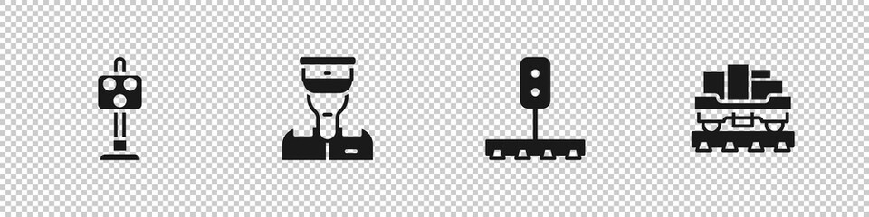 Set Train traffic light, conductor, and Cargo train wagon icon. Vector