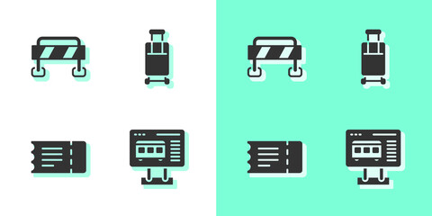 Set Ticket office to buy tickets, Road barrier, Train and Suitcase icon. Vector