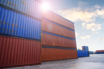 Container box unloading in sea port, warehouse of business logistic import and export freight...
