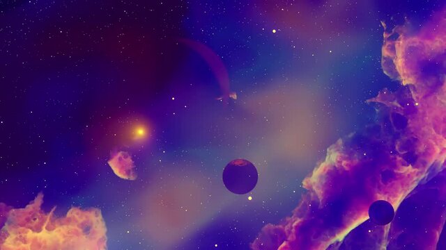 Three planets in the cosmic nebula. Video animation in light purple tones.