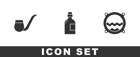 Set Smoking pipe, Alcohol drink Rum and Ship porthole with seascape icon. Vector