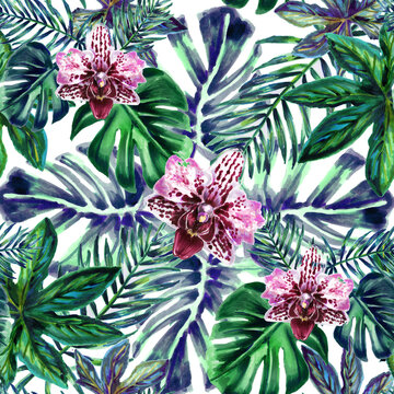 Beach cheerful seamless pattern wallpaper of tropical dark green leaves of palm trees and flowers orchid.  seamless pattern of exotic leaves and flowers hand-drawn. Watercolour botanical illustration
