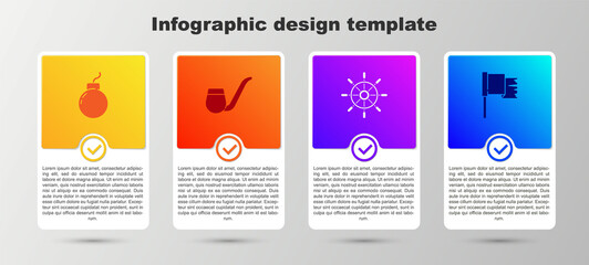 Set Bomb ready to explode, Smoking pipe, Ship steering wheel and Pirate flag. Business infographic template. Vector