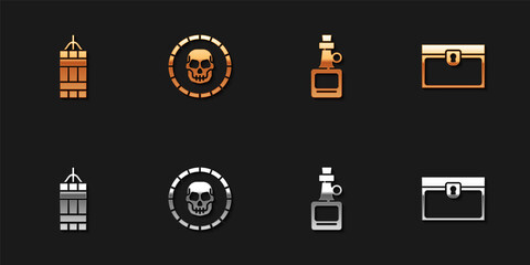 Set Dynamite bomb, Pirate coin, Alcohol drink Rum and Antique treasure chest icon. Vector