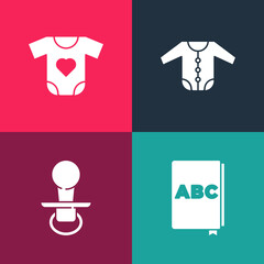 Set pop art ABC book, Baby dummy pacifier, clothes and icon. Vector