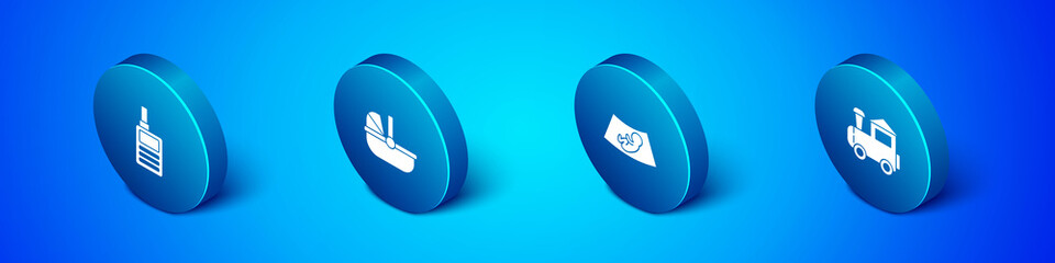 Set Isometric Baby Monitor Walkie Talkie, Ultrasound of baby, Toy train and stroller icon. Vector