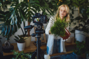 Joyful female blogger with houseplants recording a video