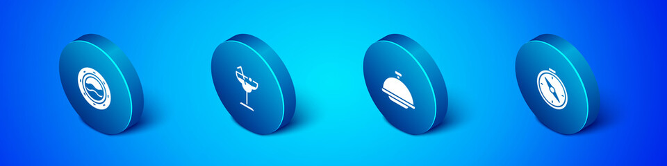 Set Isometric Ship porthole with seascape, Covered tray, Compass and Cocktail icon. Vector