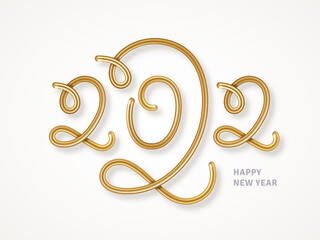 2022 gold 3d numbers isolated on white background. Vector illustration. Minimal invitation design for Christmas and New Year. Realistic 3d calligraphy sign. Festive poster or banner design