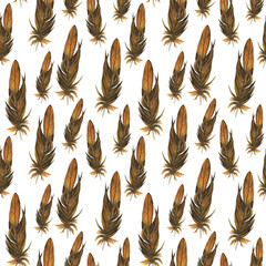 Brown feather in seamless pattern on white background. Watercolor hand drawing illustration. Realistic painting of parrot feather for textile.