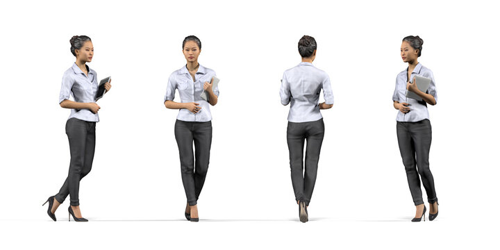 3d Illustration Of A Young Asian Woman Standing - A Girl In Gray Jeans And A Bright Shirt Holding A Tablet In Her Hand And Looking Straight Ahead - Isolated On White