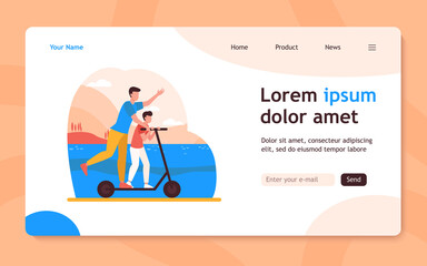 Young father riding on electric scooter with son. Family, landscape, park flat vector illustration. Activity and summer vacation concept for banner, website design or landing web page