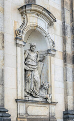 Dresden, Germany - May 02 2019: Statue of Euripides, the ancient Greek playwright, at the facade of...