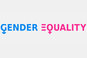 Gender equality illustration vector. Male and female icons, pink and blue colors text and equals symbol. Gender struggle, equal opportunities concept.