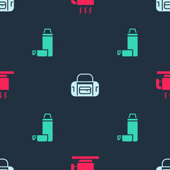 Set Hot chocolate cup, Sport bag and Thermos container on seamless pattern. Vector