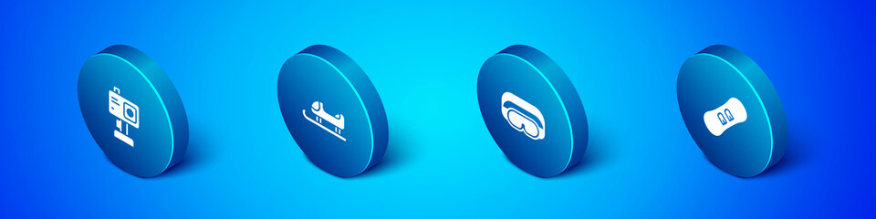 Set Isometric Action camera, Ski goggles, Snowboard and Sled icon. Vector
