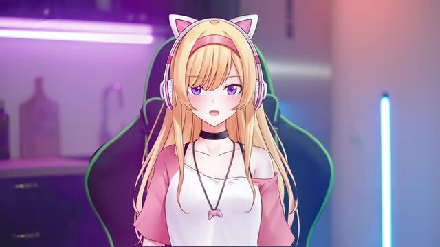 Cute anime girl vtuber on gaming chair with kitchen RGB in background 4K