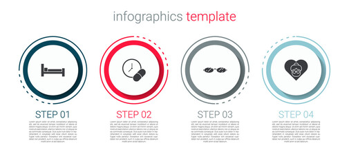 Set Bed, Medicine pill or tablet, Eyeglasses and Grandmother. Business infographic template. Vector