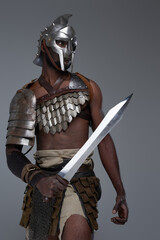 African gladiator of ancient rome wielding short sword