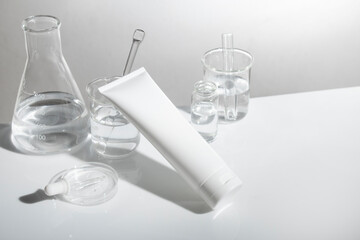 science experiment mockup of beauty fashion cosmetic makeup bottle lotion product with skincare healthcare concept on background