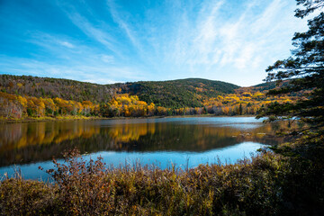 Fototapeta na wymiar autumn landscape with lake and mountains