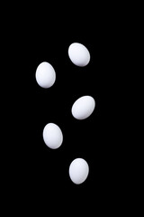 White chicken eggs fall. Black background. Levitation. Protein nutrition concept. Creativity.