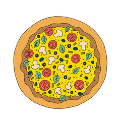 Pizza with mushrooms. Food, snack, baked goods. Vector. Doodle. Hand-drawn illustration.