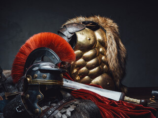 Close up shot of military roman armor and helmet - obrazy, fototapety, plakaty