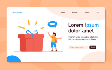 Tiny pupil standing near huge gift box. Present, surprise, boy flat vector illustration. Birthday and holiday concept for banner, website design or landing web page