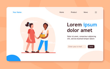 Little kid holding present for girl. Friend, birthday, gift flat vector illustration. Friendship and celebration concept for banner, website design or landing web page