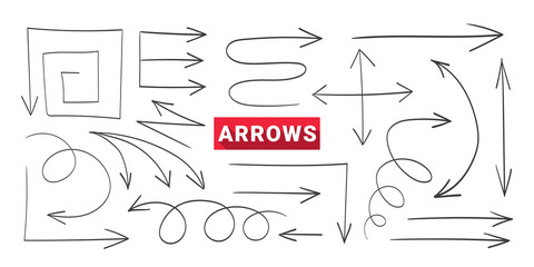 Hand drawn arrows. Doodle curved arrow. Concept arrows. Outline direction pointer. Vector illustration