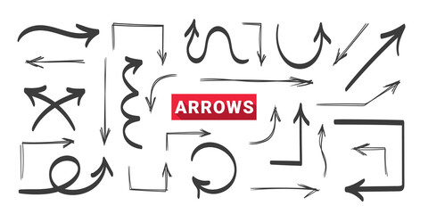 Arrows. Hand drawn arrows. Doodle curved arrow. Vector illustration