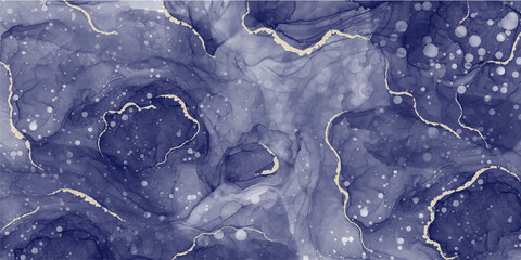 Abstract blue gold marble fluid painted background. Alcohol ink or watercolor art. Editable vector texture backdrop for poster, card, invitation, flyer, cover, banner, social media post.