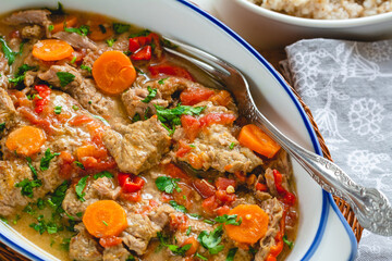 Beef stew in gravy with vegetables. Meat goulash