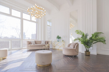 very light and bright interior of luxurious cozy living room with chic soft beige furniture with gold metallic elements, huge window to the floor and wooden parquet