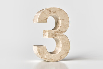 3D number 3 made of beige marble. Set sail champagne 2021 trending color. High quality 3d rendering.