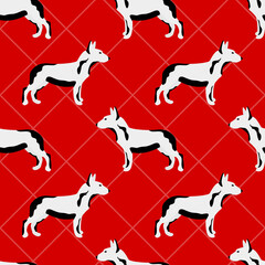 Seamless pattern with a white-black bull terrier dog on a red checkered background. Packaging of goods for dogs.
