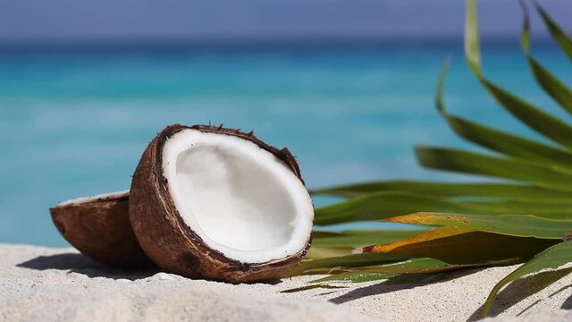 Two halfs of cracked brown coconut on white sandy beach with turquoise sea background. Tropical vacations