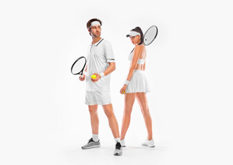 Tennis mixed doubles match. Couple of two tennis players with racket in white costume. Man and...