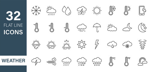 Set of Weather Line Icons. Weather Forecast graphic elements. Meteorology. Temperature, Sun, Cloud, Rain, Snow, Wind, Rainbow, Sunset, Sunrise, Atmosphere. Editable stroke. Vector illustration