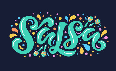 Salsa lettering vector illustration with maracas for logo design, banners, tags and announcements. Hand-drawn calligraphy in trendy colors. - obrazy, fototapety, plakaty