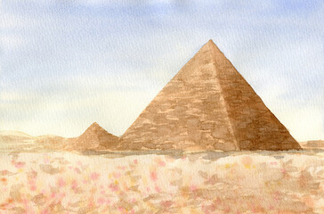 Fototapeta na wymiar Watercolor desert landscape with egypt pyramids for cards design, decor and posters