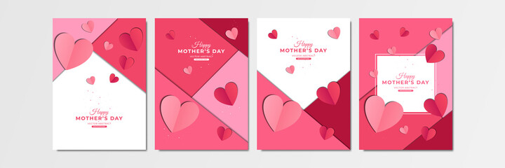 Beautiful Happy Mother's day concept posters set. Vector illustration. 3d red and pink paper hearts with frame on geometric background. Cute love sale banners or greeting cards